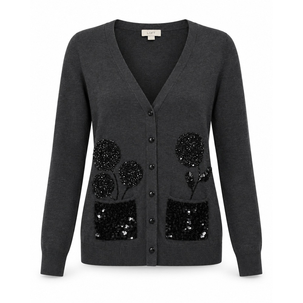 Loft Cardigan XL Gray Sequin Beaded Flower Button Front V-Neck Sweater Pockets